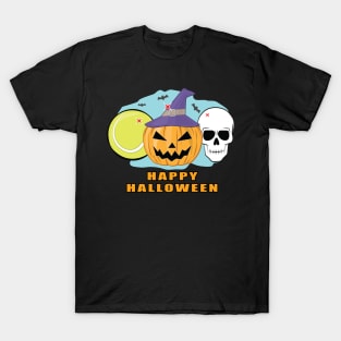 Happy Tennis Halloween - Spooky Skull and Pumpkin T-Shirt